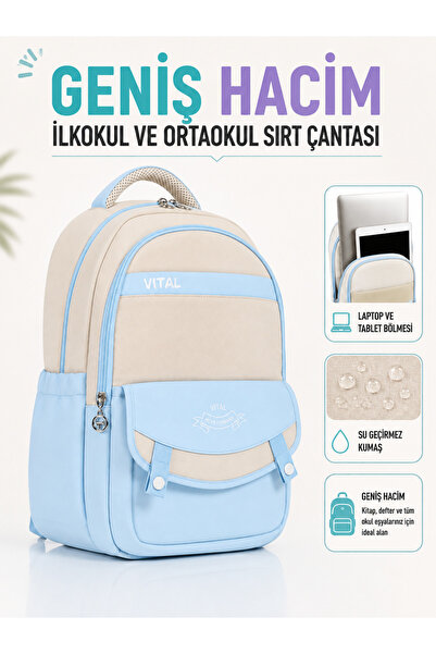 a v d a Mavi Bej Klasik Tasarım Su Geçirmez Laptop ve Tablet Bölmeli İlkokul ...