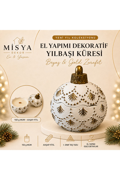 Misya DEKOR Beyaz Gold 150 g Ahşap Fitilli Mumlu El Yapımı Taş Tozu Dekoratif...