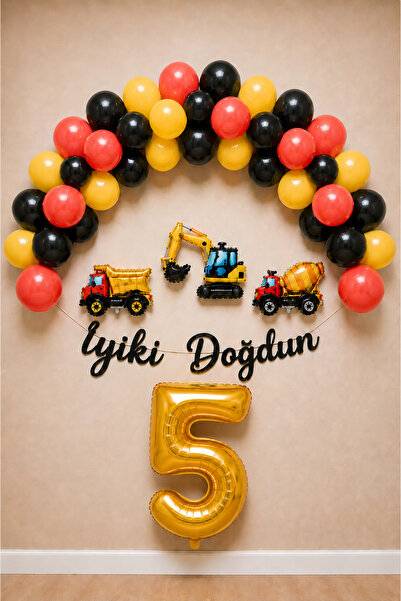 BalonArt İnşaat Temalı Doğum Günü Seti Kırmızı Sarı Siyah Balon Zinciri Kepçe...