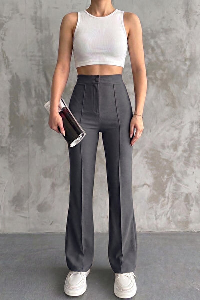 MORRO Women's Dark Gray High-Waisted Front-Stitched Grass-Green Fabric Pants
