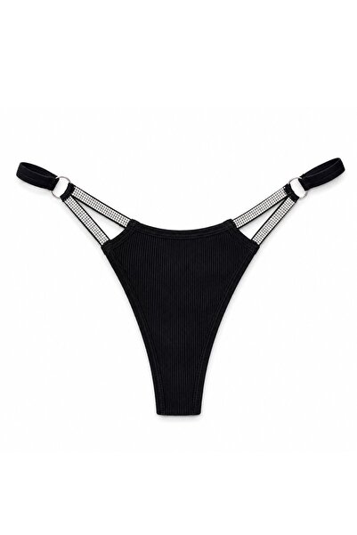 Generic Brand Black Ribbed Rhinestone Strap Thong – Glamorous Low-Rise Bikini...