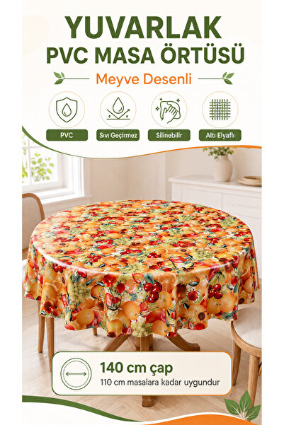Örtücüm PVC Muşamba Yuvarlak Masa Örtüsü 140 cm Çap – Altı Elyaflı, Silinebil...