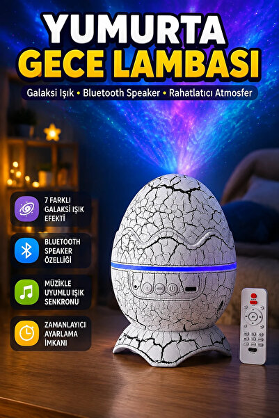 canrodi Dinozor Yumurtası Görünümlü Gece Lambası Uzay Projektörü Bluetooth Sp...