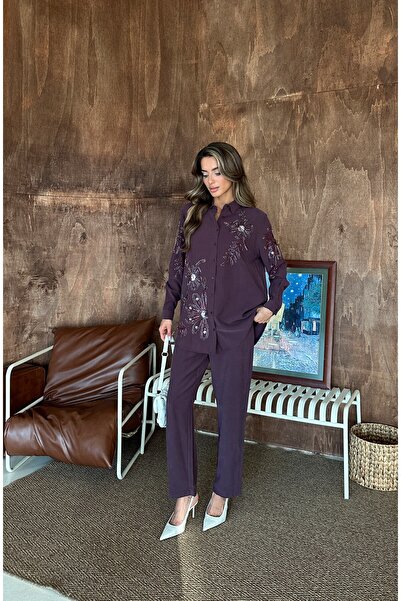 MİA NOURA Women's Shirt with Bead Embroidery on Front and Sleeves, Standard P...