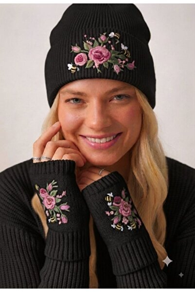 ZERELLE COLLECTİON Women's Embroidered Knitwear Wool Beret and Gloves
