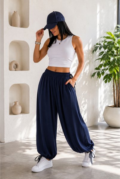 MASİON VESSAİRE Navy Blue Draped Viscose Blend Shalwar Trousers