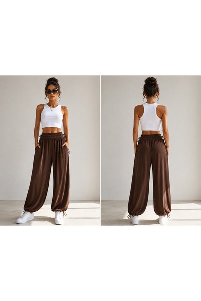 MASİON VESSAİRE Side-Tied Draped Viscose Knitted Mixed Brown Shalwar Trousers