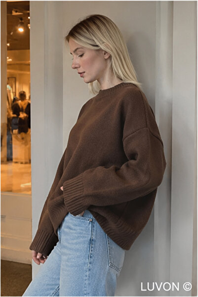 LUVON Kahverengi Bisiklet Yaka Oversize Kadın Triko Kazak