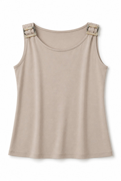 FEG STORE Women's Cream Shoulder Buckle Tank Top Blouse