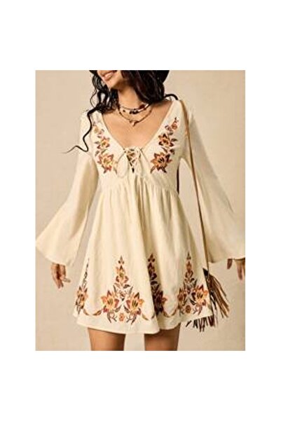 OEM Rochie mini bej de vară pentru femei, stil boho, cu imprimeu floral, pent...
