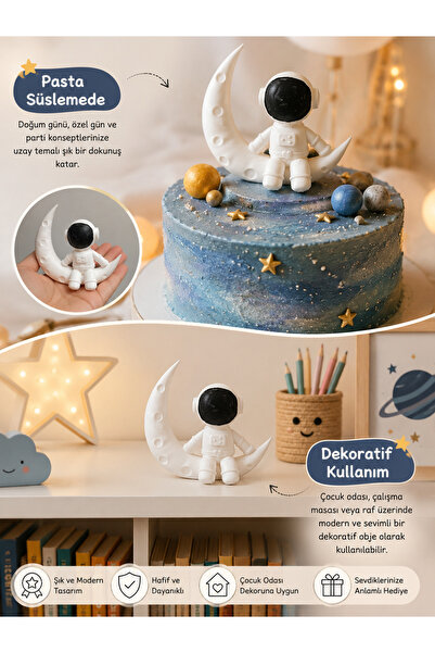 SELTA3D Ay Üzerinde Astronot Figürü - Pasta Üstü Süsü & Çocuk Odası Dekoratif...