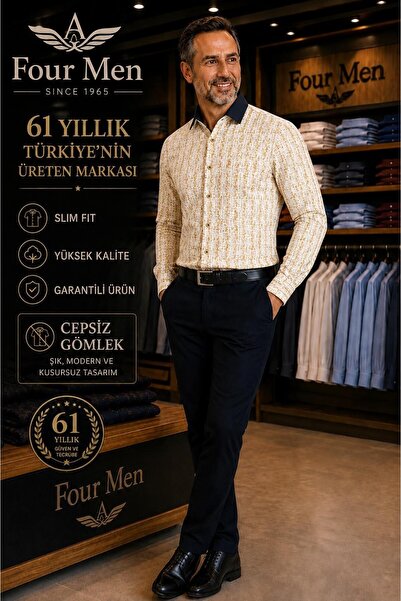 EREN STYLE Original Printed Cotton Poplin Slim Fit Long Sleeve Pocketless Men...