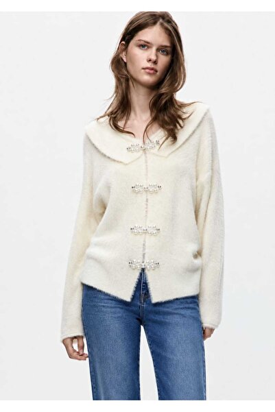 TRAFFOO CLUB Women's Ecru Wide Collar Stone Detailed Bearded Knitwear Cardigan