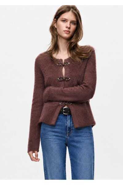 TRAFFOO CLUB Women's Ecru Wide Collar Stone Detailed Bearded Knitwear Cardigan