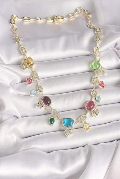 ForWhat Prestige Necklace with Golden Brass Color Zircon for Elegant Woman
