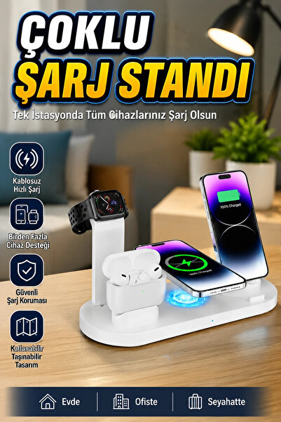 canrodi 3'lü Kablosuz Şarj İstasyonu iPhone Saat ve Kulaklık Uyumlu Masaüstü ...