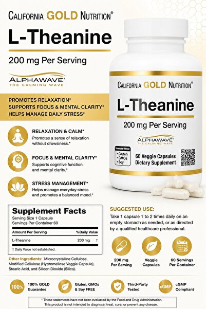California Gold Nutrition L-Theanine Brain & Cognitive Amino acids 200 mg, 60...