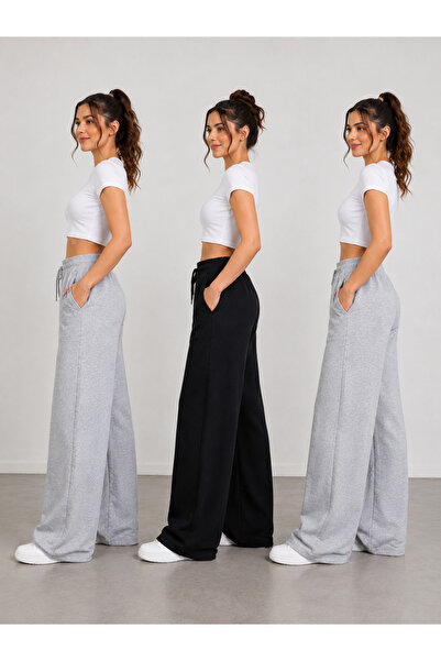 CAONNES 3-Piece Women's Seasonal Sweatpants (2 Pieces Grey - Black) Basic Ove...