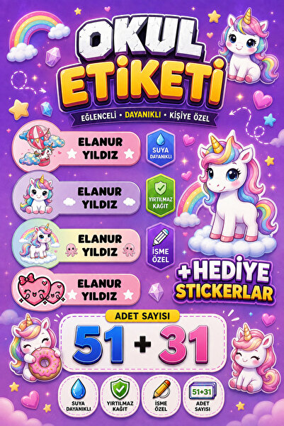StickerLAB İsme Özel Okul Etiketi Unicorn Temalı Kitap Defter İsimliği Yırtıl...