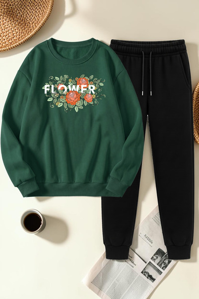uyguntarz Unisex Flowers Design Printed Crew Neck Sweatshirt - 2-Piece Tracks...