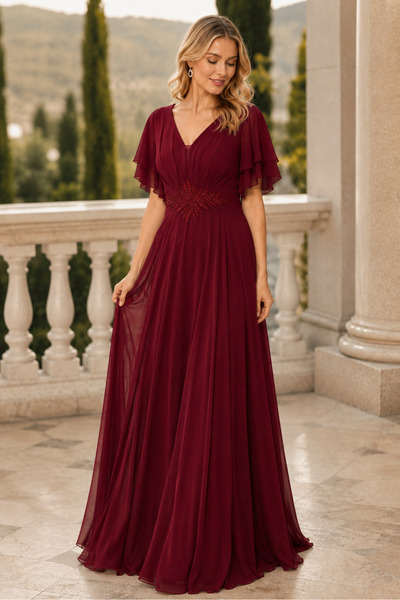 citystyle Rochie de seară lungă, elegantă, din șifon, cu mâneci volanate, dec...