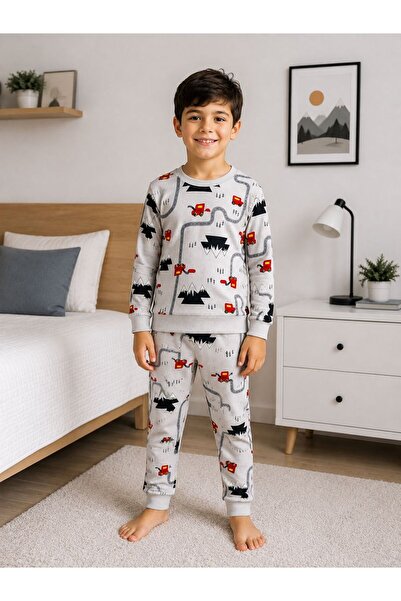 Erkek Çocuk Pamuklu Gri Yol Desenli Uzun Kollu Mevsimlik Pijama Takımı