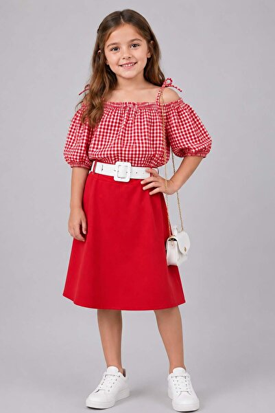 Riccotarz Girl's Off-Shoulder Strappy Checkered Blouse and Belted Red Skirt Set