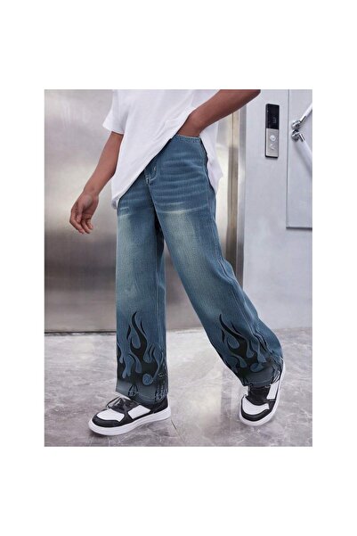 OEM Blugi casual cu model retro, albastru, cu picior drept, model negru cu fl...