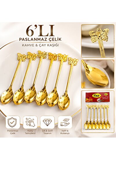 Keyfi Sepet 6’lı Gold Kelebek Desenli Paslanmaz Çelik Çay Kahve Tatlı Kaşığı ...