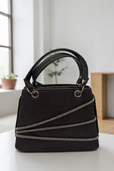 C+BAG Kadın Siyah Işıltılı Kumaş Taş Detaylı Abiye Çanta Çapraz Askılı Gece V...
