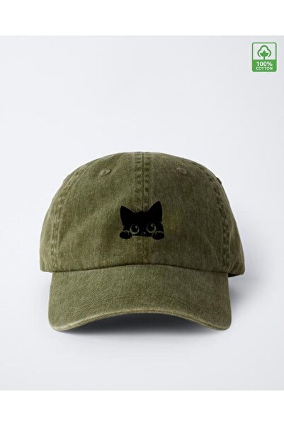 owl club % 100 Pamuklu Kara Kedi Basklı Eskitme Unisex Şapka Kep