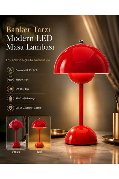 Torima Banker Lambası Tasarımlı Şarjlı Dokunmatik LED Masa Lambası Type-C 3W ...