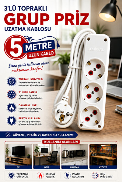 modalonga size ne lazım? 3lü Topraklı Grup Priz - 5 Metre - AMİRAL