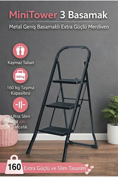 zerelen MiniTower 3 Basamaklı Metal Merdiven - Ekstra Güçlü Siyah