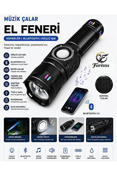 farissu 50W 5000 Lümen Bluetooth Hoparlörlü Şarjlı El Feneri – 5400 mAh Power...