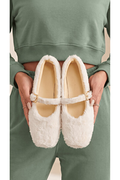 Beyond Women's Ecru Rabbit Hair Buckle Daily Ballerinas 1 cm Byndtav01