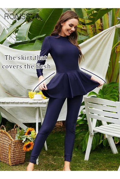 ROAISS One-Piece Women's Conservative Swimsuit Set Muslim Ruffled Hem Swimsui...