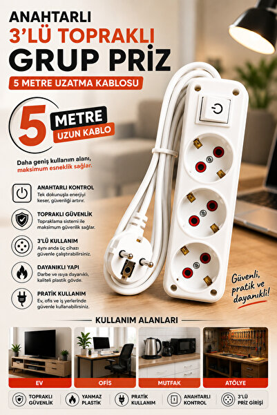 modalonga size ne lazım? Anahtarlı 3lü Topraklı Grup Priz - 5 Metre - AMİRAL