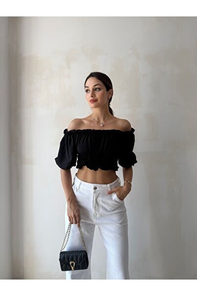 Mooi Butik MALVİNA Crop 6621 - Negru
