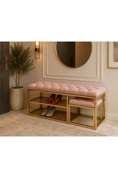 EVDERA MOBİLYA GOLD METAL BENCH AYAKKABILIK BANK, KAPI GİRİŞİ PUF AYAKKABILIK