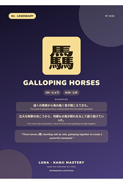 OEM Poster Kanji 驫 Galoping Horses, Caligrafie Japoneza Simbol Putere, Carton...