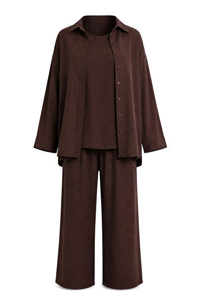 Lovelyİstanbul 3-Piece Shirt Blouse Trousers Gabardine Set Lby0071 Brown