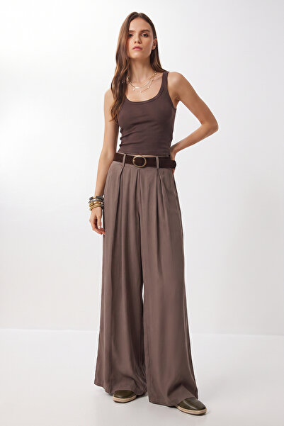 Lovelyİstanbul Belted Gabardine Skirt Trousers Lby0072 Vi̇zon