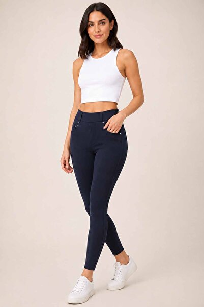 vynor atelier Women's Navy Blue Pants-Looking Leggings High Waist Skinny Mode...