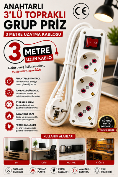 modalonga size ne lazım? Anahtarlı 3lü Topraklı Grup Priz - 3 Metre - ÖNDER