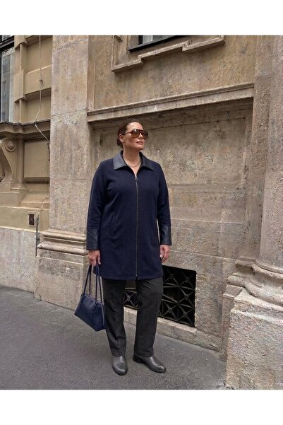 onno style women Leather-Collared Steel Knitted Tricot Coat