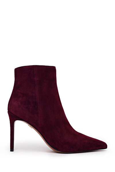 Derimod Women's Burgundy Zippered Thin Heeled Suede Leather Boots 25Wfd102310