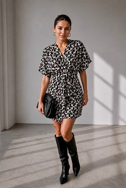 bb butik basic Women's Patterned Double-Breasted Belted Mini Dress Lnc34