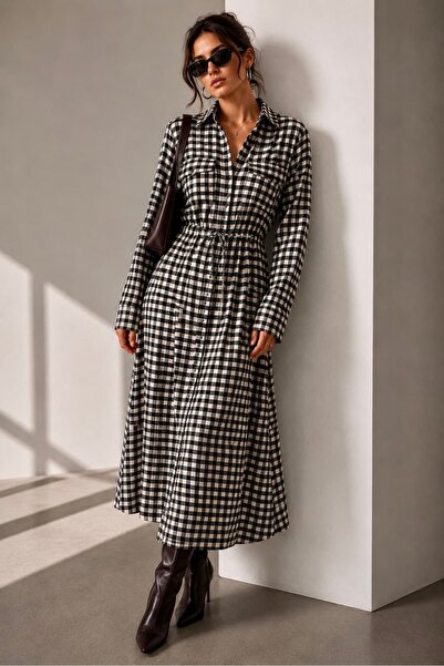 bb butik basic Women's Plaid Patterned Belted Long Shirt Dress Lnc34
