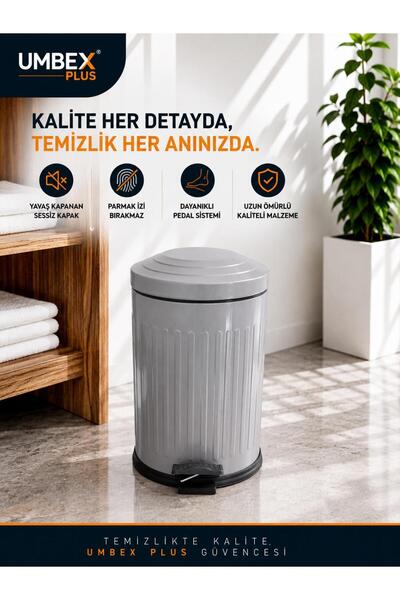 UMBEX PLUS 16 LT AMORTİSÖRLÜ GRİ RENK YAVAŞ KAPANIR ÇÖP KOVASI BANYO VE MUTFA...